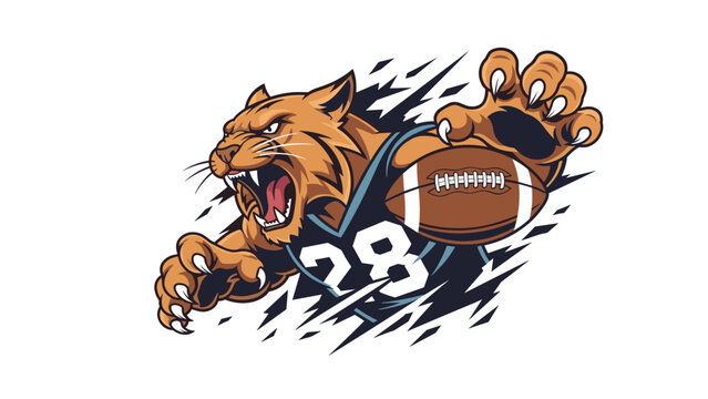 Aggressive bobcat mascot wearing a blue football jersey with the number twenty-eight runs with an american football.