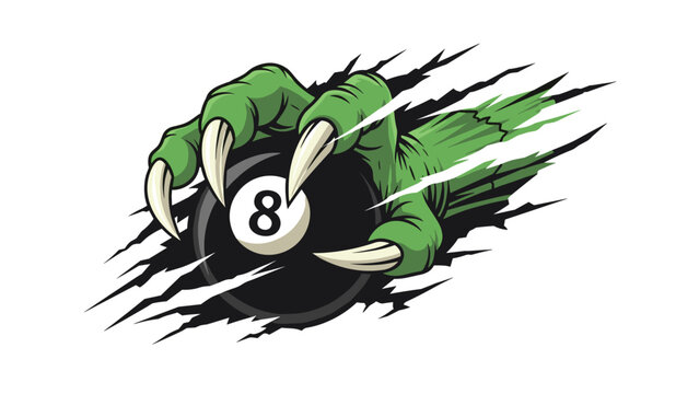 Fierce green monster claw with sharp nails tearing through a surface to grab a black billiard eight ball pool game.