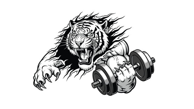 Grayscale illustration shows a powerful tiger mascot breaking through a wall while lifting a heavy iron dumbbell.