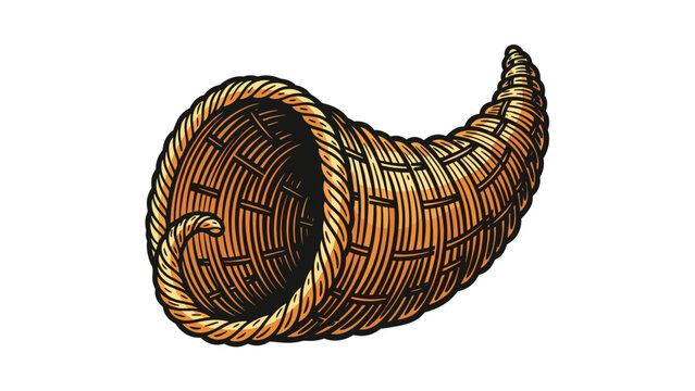 Detailed illustration of an empty woven wicker cornucopia basket for Thanksgiving harvest and abundance themes.