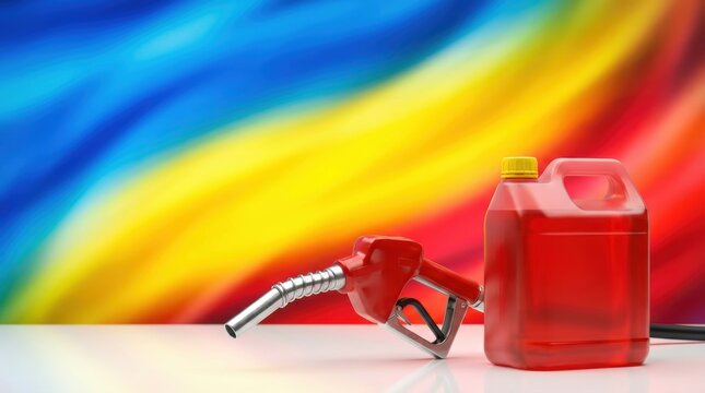 A red fuel pump nozzle and a translucent jerry can with red liquid rest on a white surface Vibrant colorful background