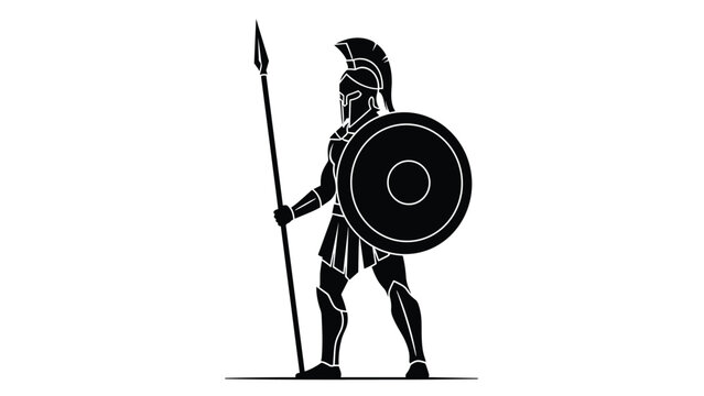 Black silhouette of a spartan hoplite warrior standing with a long spear and a large round shield on white background.