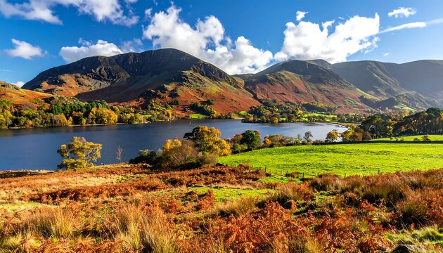Scenic landscape featuring a lake surrounded by rolling hills during a vibrant autumn season with scattered clouds