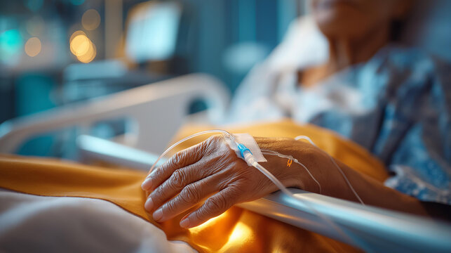 Close up of an elderly woman's hand resting on a bright hospital bed sheet the hand showing an iv cannula with clear tubing taped to the skin the bed's side rail and a nurse