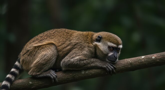 A striking striped-tail primate rests in its native tropical forest environment. This charismatic endangered mammal pauses during daytime foraging, resting, arboreal, diurnal