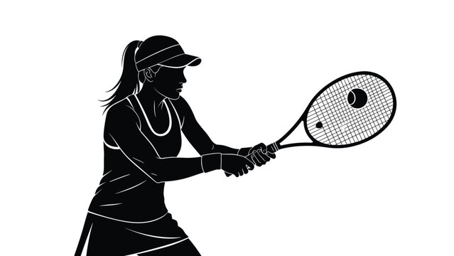 Silhouette of a female tennis player performing a backhand stroke with a racket and ball for sports and fitness theme.