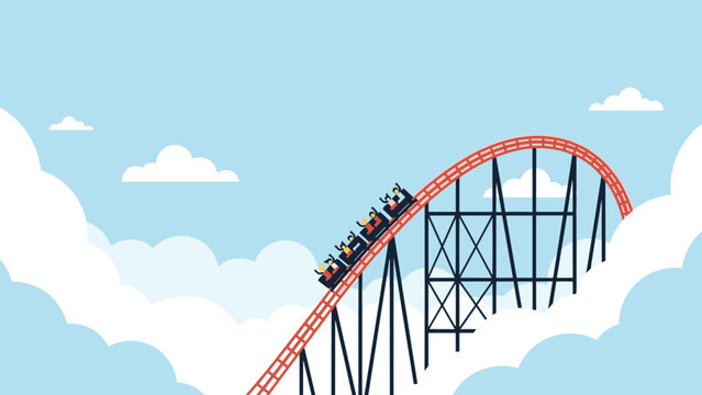 Colorful illustration of a red roller coaster train ascending a tall blue track amidst white fluffy clouds in a sunny sky.