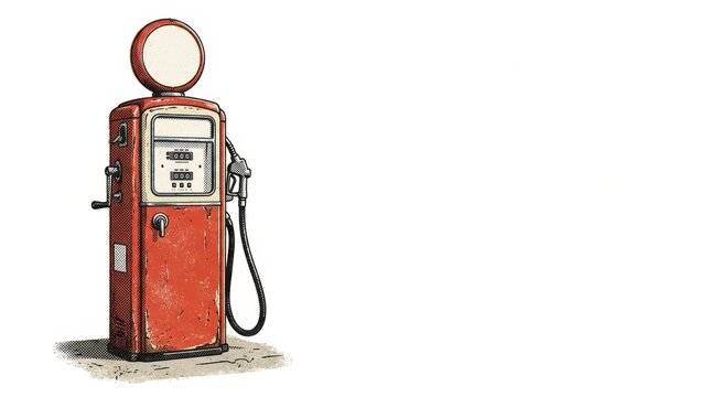 Vintage red gas pump illustration Detailed distressed fuel dispenser with a nozzle hose crank handle and display meters