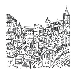 Fototapeta premium Medieval European town. Vector hand-drawn monochrome illustration