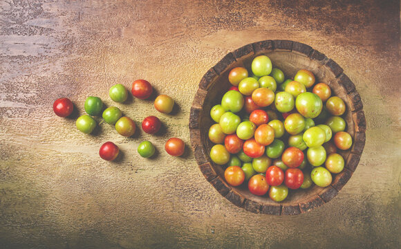 cherry plum tkemali, fruit, plum variety, in a wooden plate, Georgian cuisine, top view, no people,