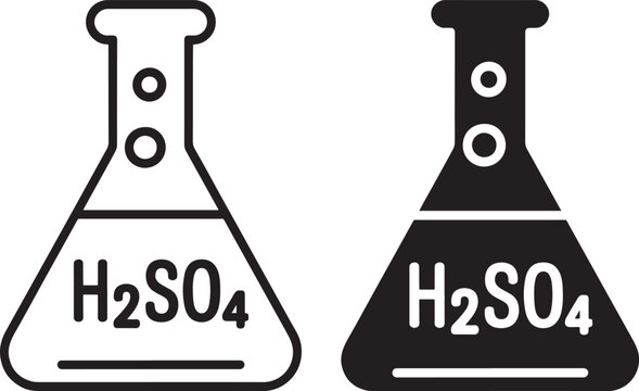 Two conical flasks displaying the sulfuric acid chemical formula