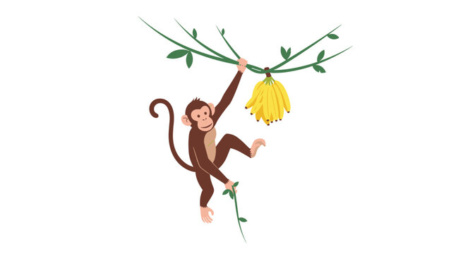 Playful brown monkey character hanging from a green jungle vine while reaching for a bunch of yellow ripe bananas.