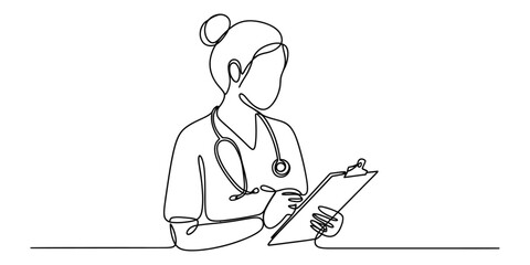 A single continuous line drawing featuring a female doctor holding a medical chart and stethoscope