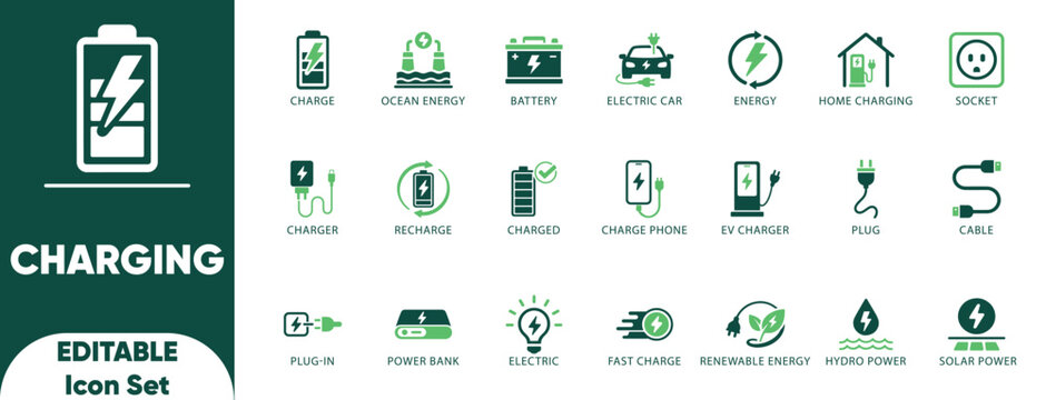 Charging icon set. power, energy, charged, illustration, fast, home, wireless, charge, set, collection, electricity, and icons.