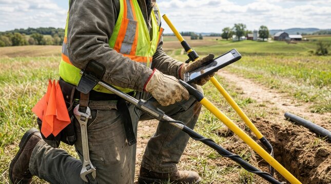 Outdoor worker in safety vest kneels operating a tablet and utility locator tool on a rural field site