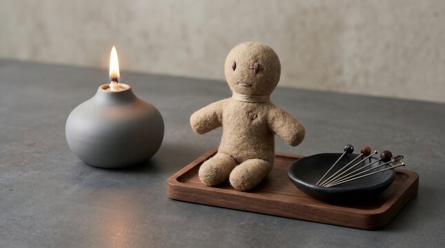 Mysterious voodoo doll and burning candle with pins, evoking dark magic and ritual
