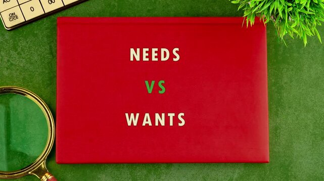 Words NEEDS VS WANTS emerge on a red board set on a green surface