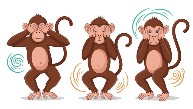 Set of three cartoon monkeys illustrating the famous see no evil speak no evil and hear no evil proverb with expressive gestures.