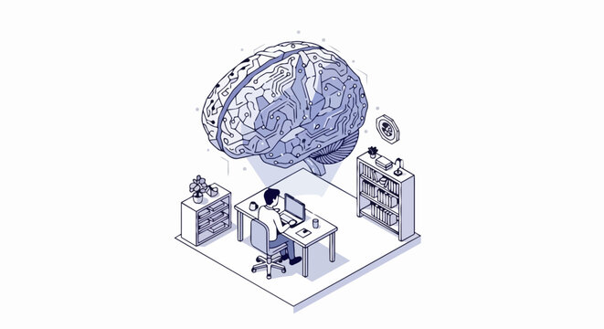 Isometric Illustration of Artificial Intelligence Concept with Professional Working at Desk Under Large Digital Brain and Circuitry