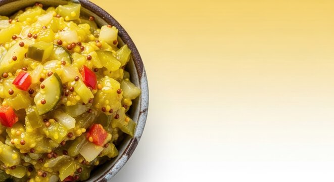Creamy, tangy mustard pickle relish. The bright yellow condiment features chunky vegetables ready for sandwiches or snacks, condiment, pickle, canning