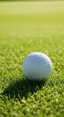 Obraz premium Detailed close-up of a white golf sphere resting on perfectly manicured green turf under bright sunlight, highlighting the texture of the playing surface, detail, field, fairway