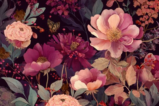 Charming, chic and delicate seamless repeatable pattern featuring blooming moody dark floral pattern with wine color