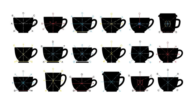 Twenty one black silhouette icons of coffee cups with geometric axis and directional arrows for design and analysis