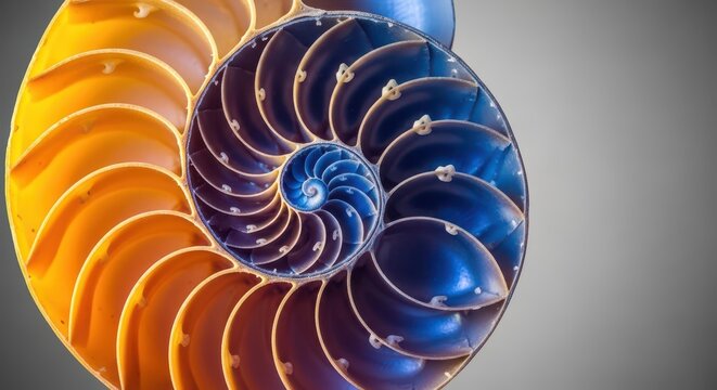 Detailed macro photograph of a nautilus shell cross-section, revealing the elegant, flawless mathematical spiral pattern and intricate chambers, elegant, ocean, proportion