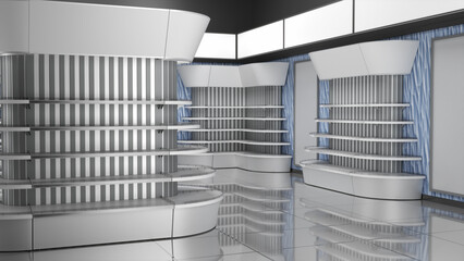 Store interior mockup with rounded shopping gondolas with slatwall central part and blank toppers. 3d illustration © Wire_man
