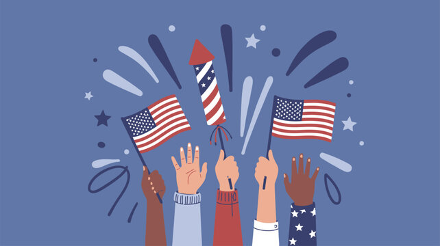 Diverse hands holding US flags and a firework rocket with celebratory bursts