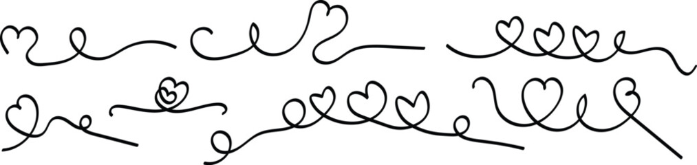 Fototapeta premium Heart line drawing in doodle sketch for love, wedding or honeymoon travel set. Romantic doodle brush flourish elegant border love shapes. Heart line outline swirl ribbon calligraphy hand drawn element