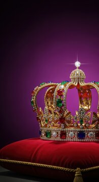 Ornate gold crown adorned with shimmering jewels sits on a velvet cushion, symbolizing royalty, wealth, and absolute power, gold, ceremonial, luxurious