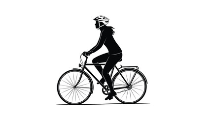 Obraz premium Profile silhouette of a woman wearing a safety helmet and riding a city bicycle against a plain white background.