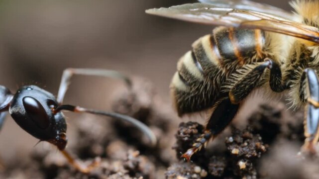 Macro shot of ant and bee on soil, intense close-up, insect interaction, nature detail