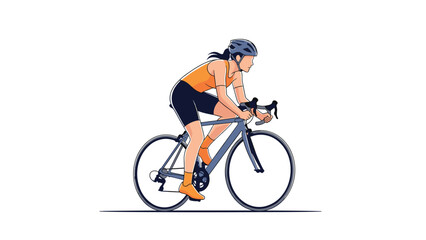 Obraz premium Professional female cyclist in athletic gear and helmet riding a sleek road bicycle fast against a plain white background.