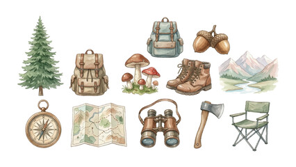 Watercolor Camping & Hiking Clipart Set — 11 Outdoor Adventure Gear & Nature Elements  © chloe