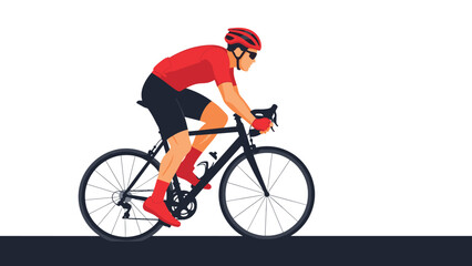 Obraz premium Male professional cyclist wearing a red jersey and helmet riding a black road bike at high speed on a flat surface.