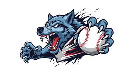 Obraz premium Ferocious blue werewolf mascot with sharp teeth and claws holding a baseball and breaking through an unseen barrier with speed.