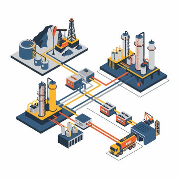 Isometric illustration of an oil and gas industry production process.