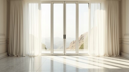 Obraz premium Tall floor-to-ceiling windows covered with flowing white sheer curtains, soft sunlight filtering through, creating gentle shadows