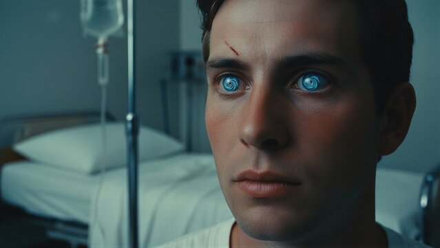 Man with glowing alien swirl eyes in hospital room. Victim of extraterrestrial abduction experiment with scar on forehead. Science fiction horror concept of strange paranormal phenomena.