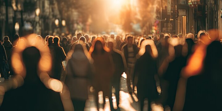 Silhouetted crowd walks down a sunlit, blurred city street