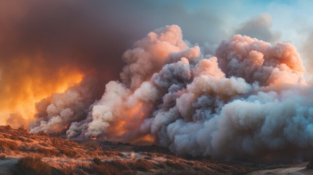 Intense Wildfire Smoke Clouds Rising Over Dry Landscape During Sunset in Dramatic Orange and Gray Color Palette, Nature's Power Revealed