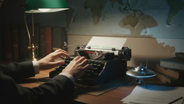 Man typing binary code on a vintage typewriter. Mysterious document with alien communication signals. Science fiction concept of hidden message and extraterrestrial data investigation.