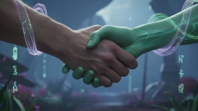 Man shaking hand with alien in space. First contact between human and extraterrestrial being. Collaborative partnership, science fiction diplomacy, cosmic unity and future peace concept.