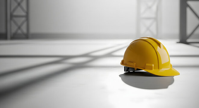 A bright yellow hard hat on a reflective concrete floor, symbolizing paramount workplace safety and essential worker protection for construction projects