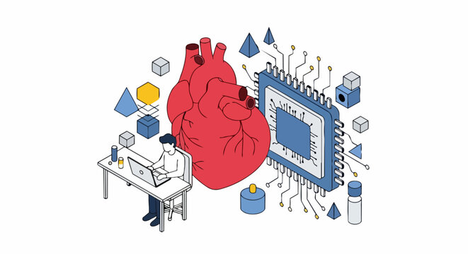 Isometric Illustration of Artificial Intelligence in Cardiology and Medical Technology: A Human Heart Integrated with a Computer Chip