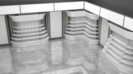 Top view of the store interior with rounded shopping gondolas and blank glowing wall banners. 3d illustration © Wire_man