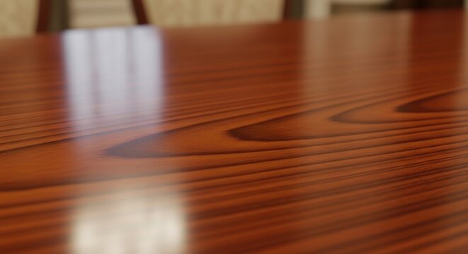 Close-up of polished mahogany wood surface with subtle swirling grain texture