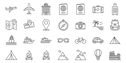 Fototapeta premium Travel and tourism icons set a collection of black and white line art representations